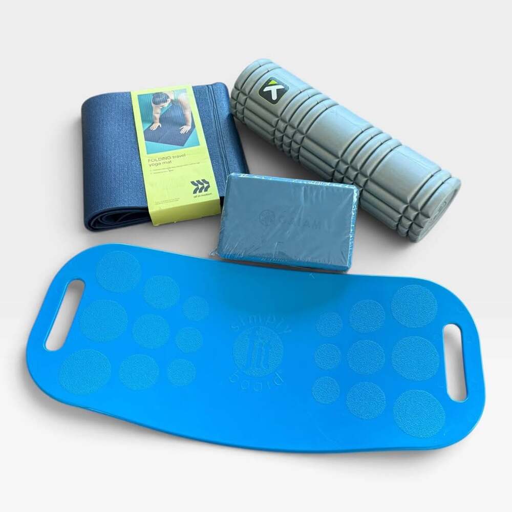 Simply Fit Board, Gaiam Yoga Mat, Yoga Block & Foam Roller – 4-Piece Bundle